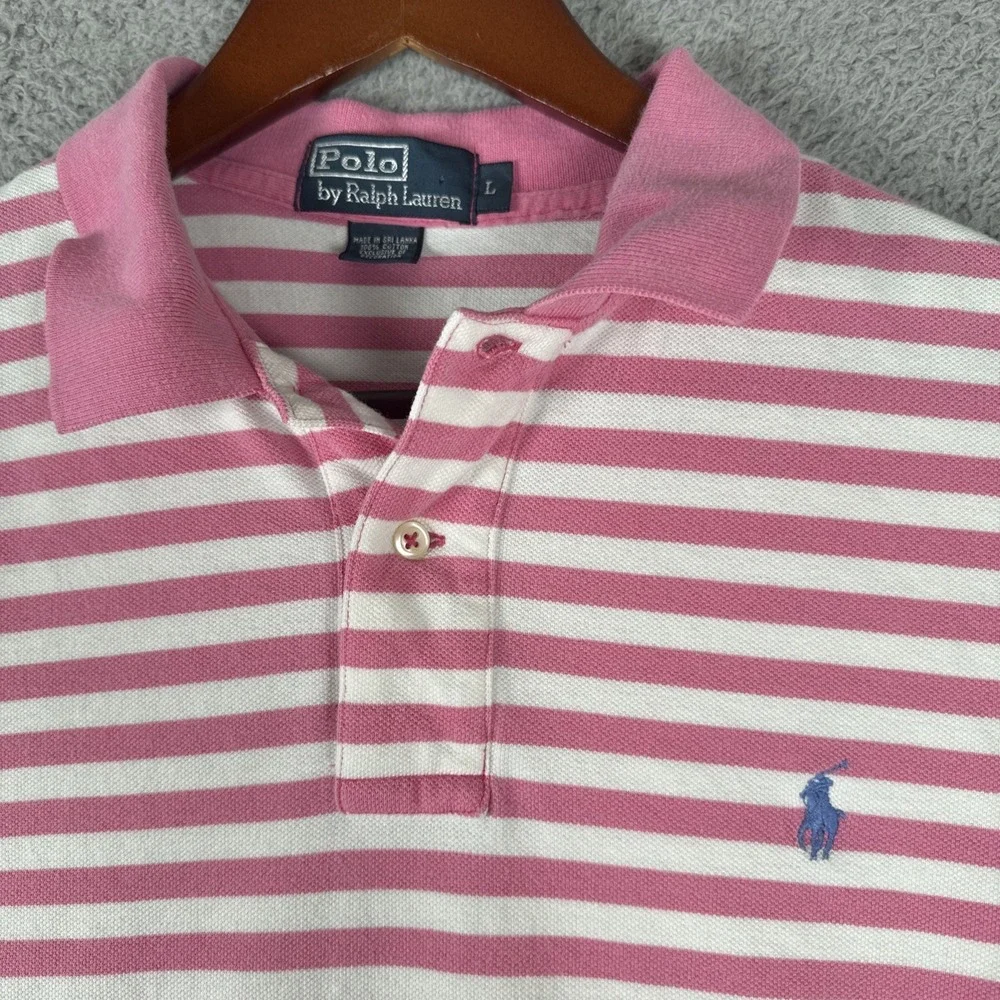 Polo Ralph Lauren Polo Shirt Mens Large Pink White Striped Short Sleeve Pique